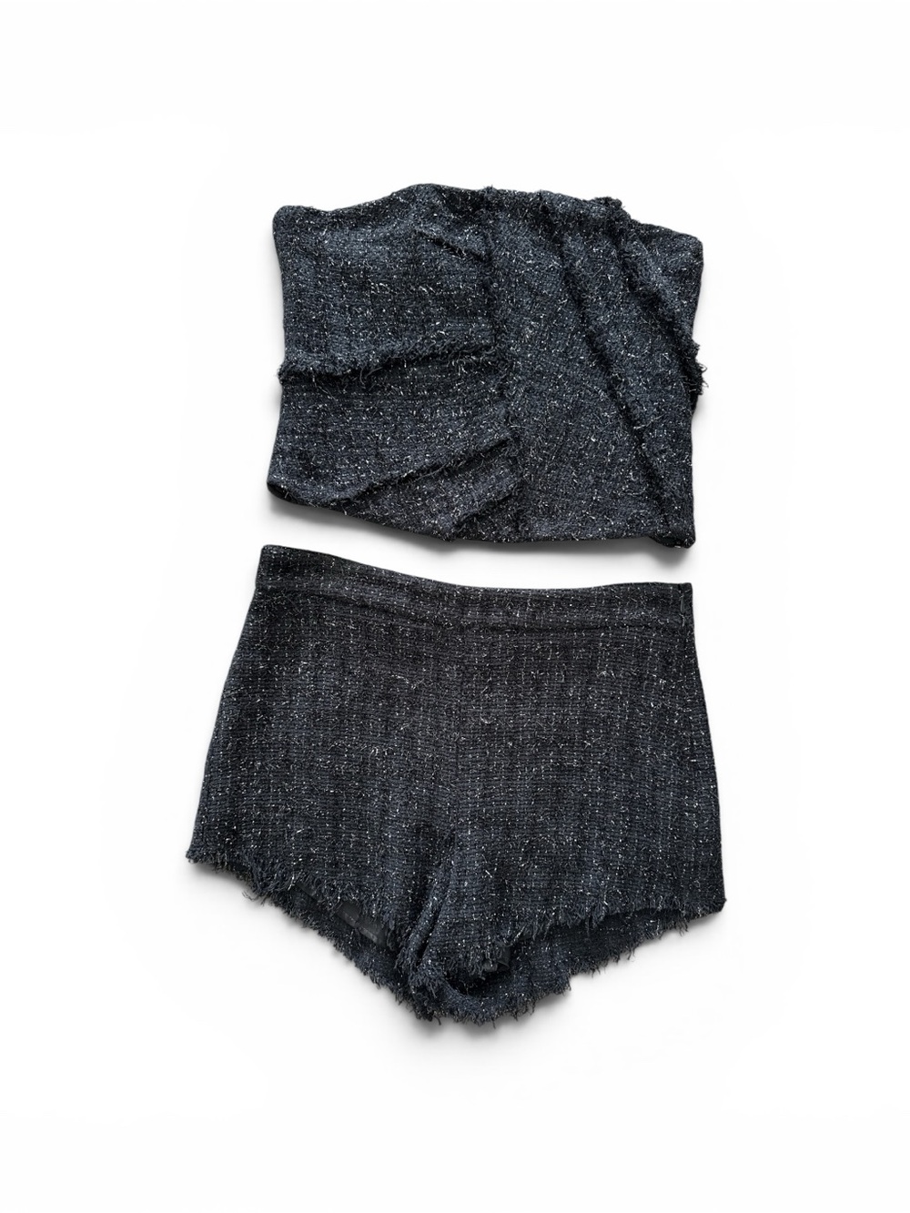 Zara Studio Black Textured Tweed Jacket with Subtle Metallic Thread Set